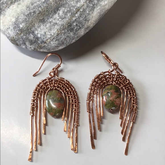 Unakite on copper - art-deco style earrings - Picture 1 of 7